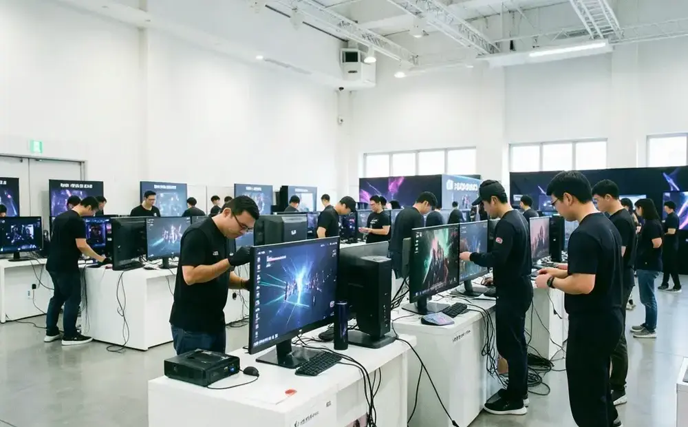 開業準備中のスタッフとゲーム机