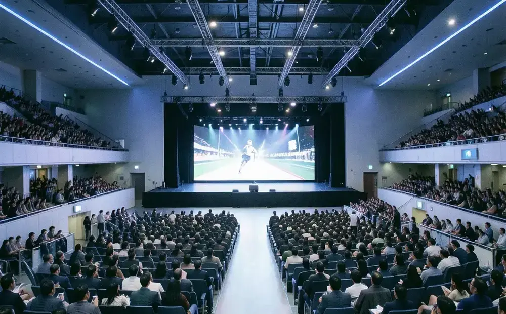 観客席を備えた大会会場と大型スクリーン
