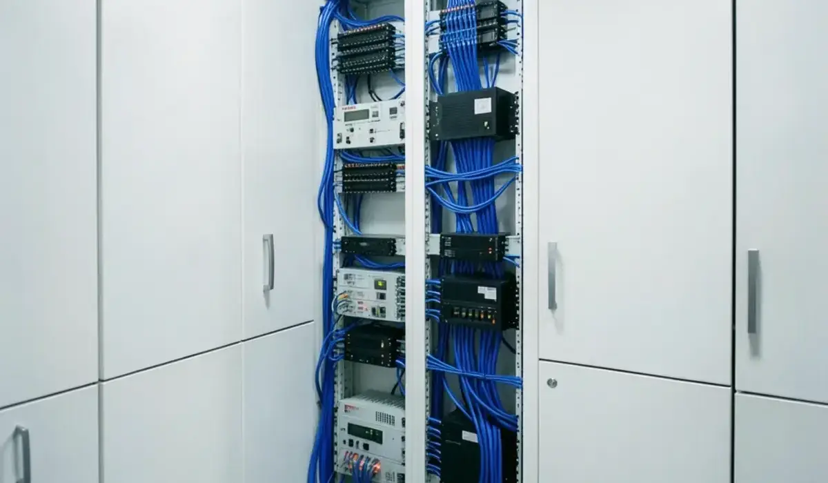 白基調のラックに整然と束ねられた光ファイバー配線