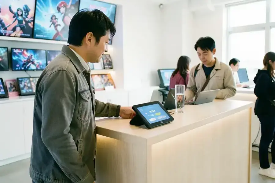 受付カウンターで予約内容を確認する利用者