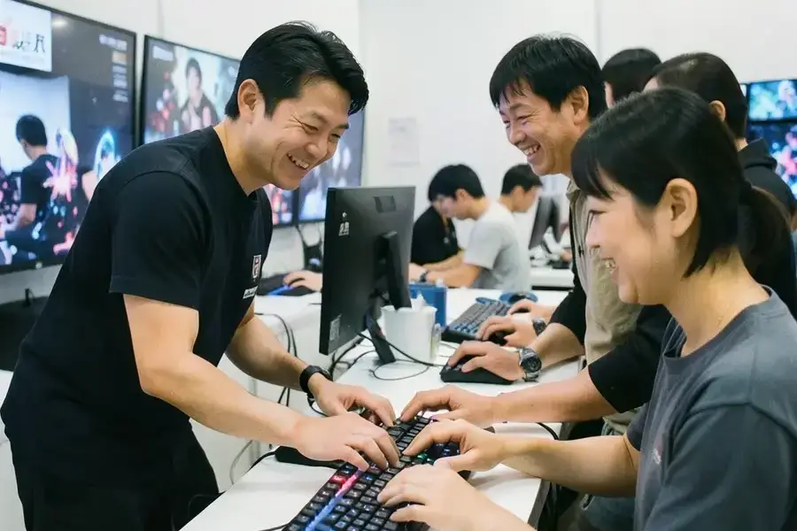スタッフが操作設定を手伝っている場面