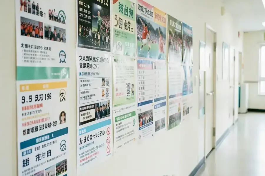 壁の掲示板に貼られた大会ポスターとチーム表