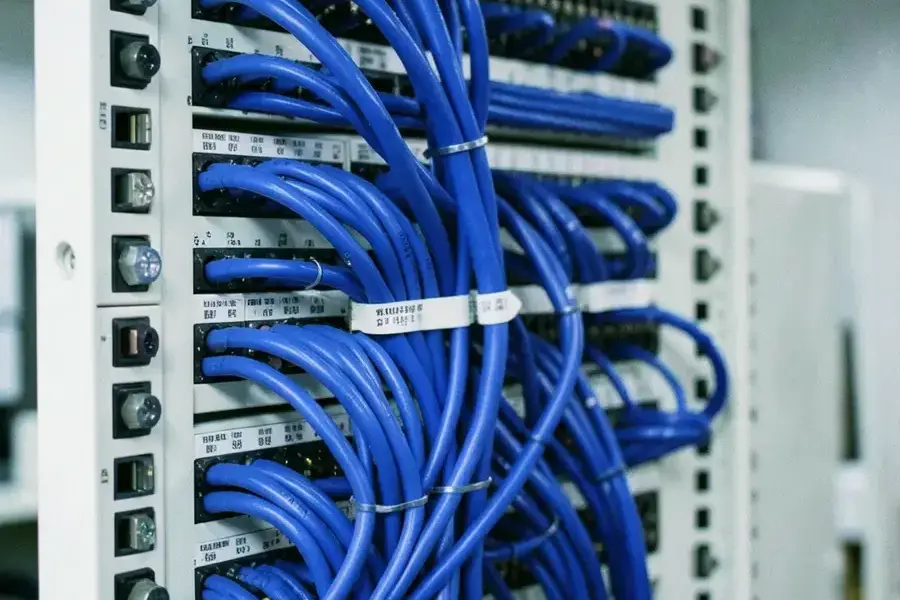 白基調のラックに整然と束ねられた光ファイバー配線