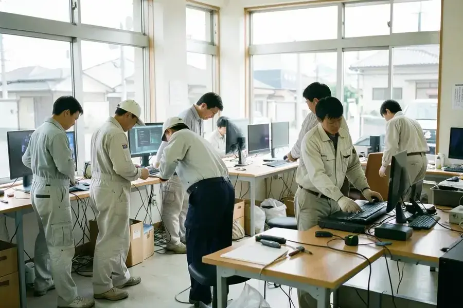 開業準備としてゲーム机を組み上げるスタッフ