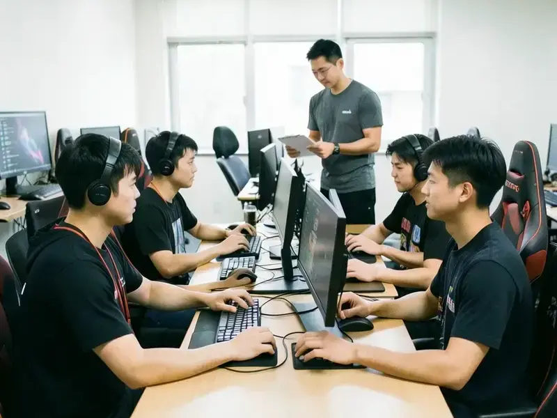 長い机に並ぶ10台のモニターと、後ろでノートを確認するコーチ