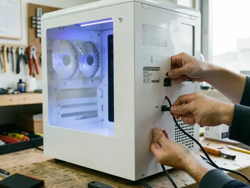 作業台に置かれた白い筐体のゲームPCとケーブル配線