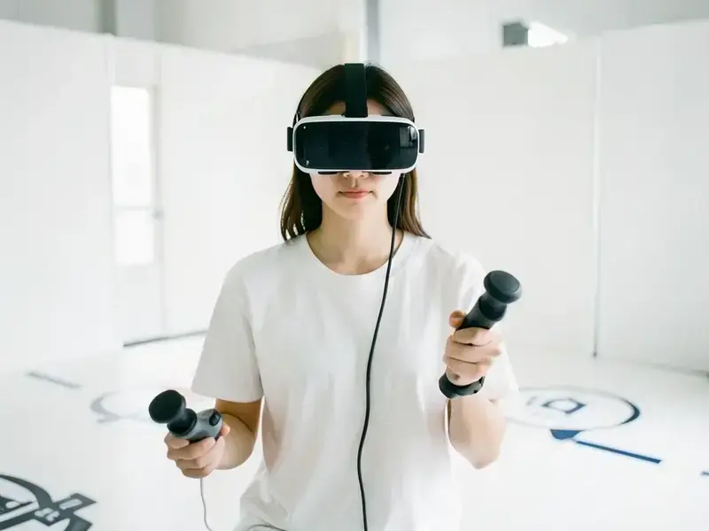 白い安全マットの上でVRヘッドセットを装着している利用者