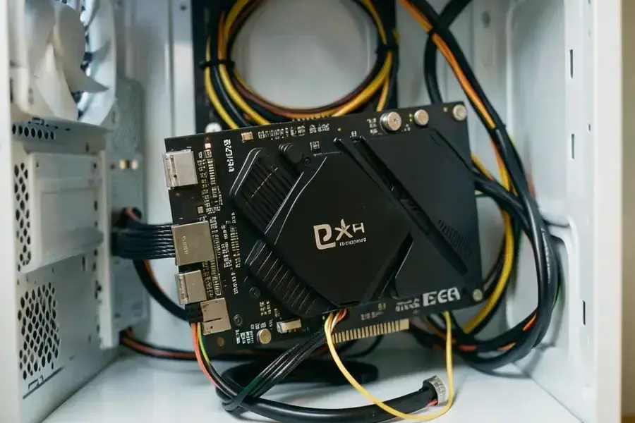 白いPCケースの内部にある高性能グラフィックスカード