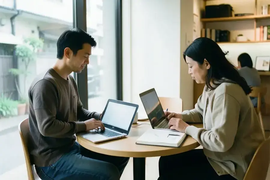 窓辺の小さな机にノートPCを置いた静かな作業コーナー