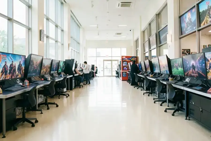明るい光が入るゲームセンターのホール全体